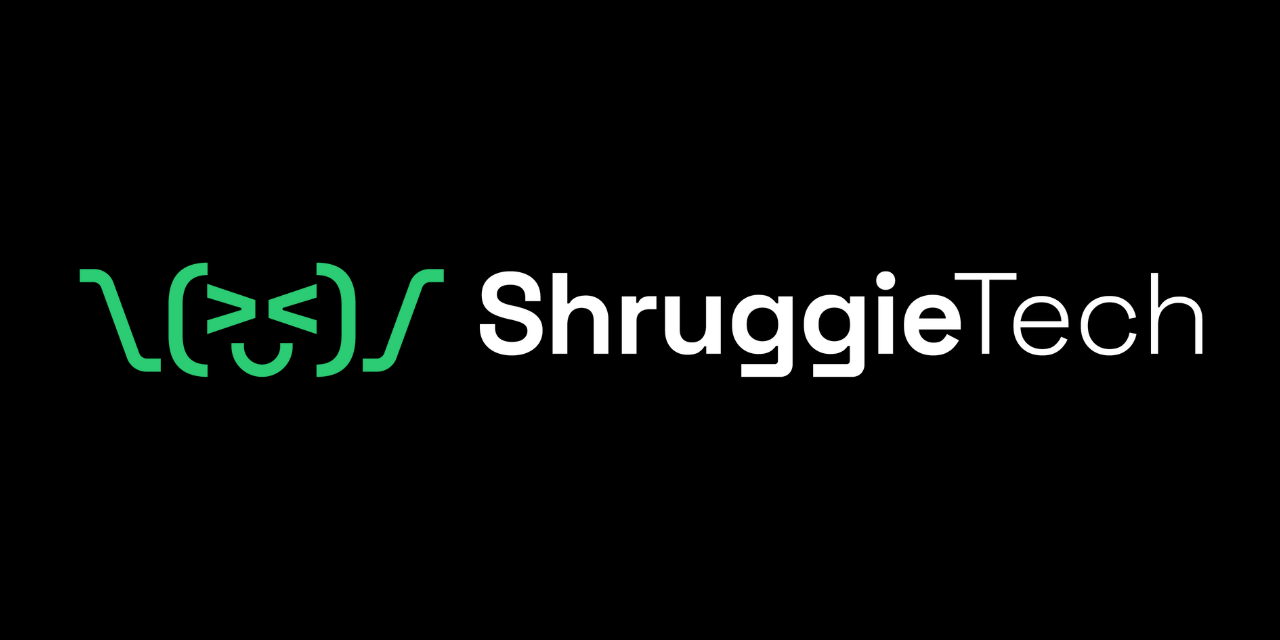 ShruggieTech logo and wordmark on a black background
